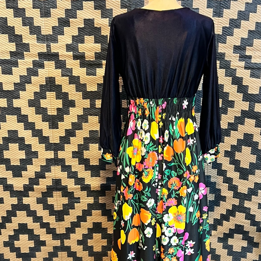 VINTAGE mid century‎ 60s dark flower long maxi dress hostess house gown 70s MOD - Picture 9 of 17